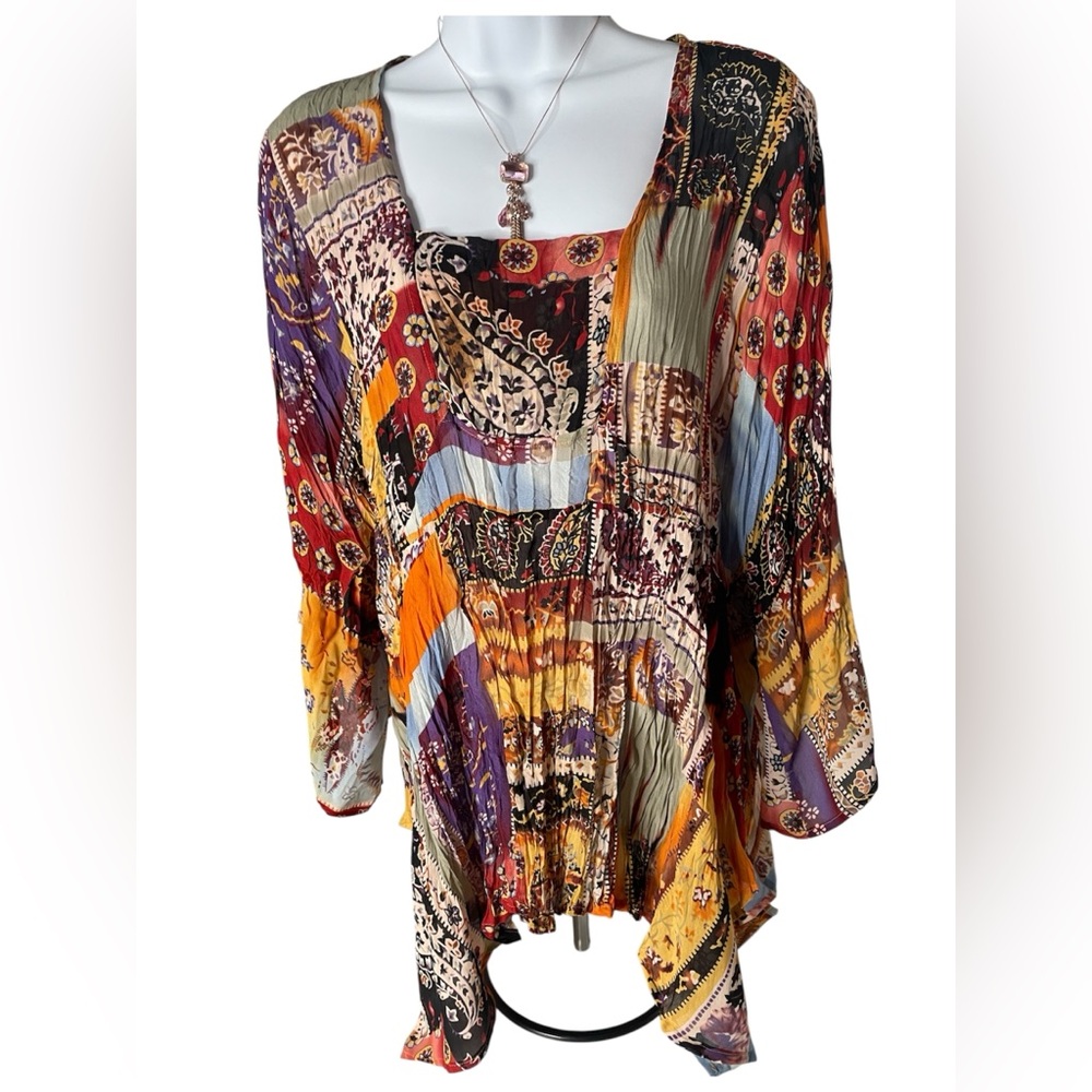 Essentials by Milano Boho Patchwork Crinkle Peasant Top Multicolor XL